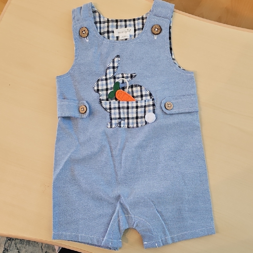 Mud Pie Blue Overalls with Bunny and Carrot Design